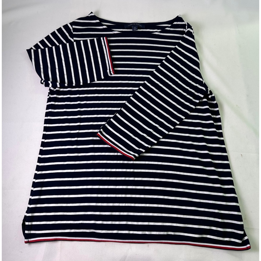 Tommy Hilfiger Top Womens L Striped Boat Neck 3/4 Sleeve Knit Red Trim Buttons L